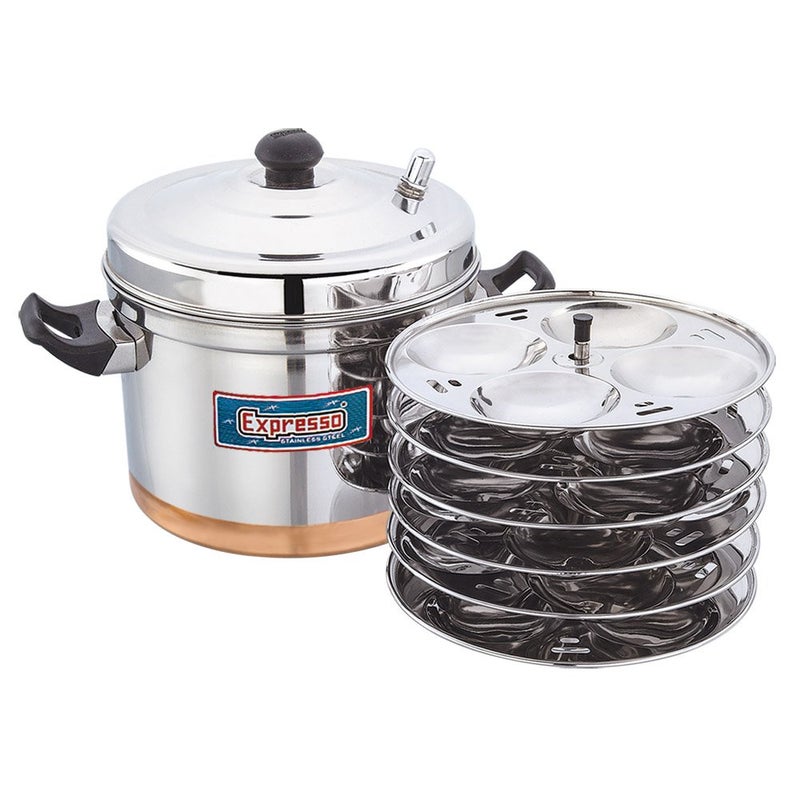 Expresso Stainless Steel Copper Bottom Idli Cooker/Idli Maker Makes 24 Idlis At Once Comes With 6 Idly Plates. Gas Stove, Heavy Gauge, Silver