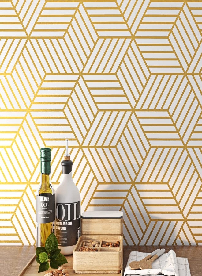ReWallpaper 17.7X276" Abstract Gold Peel and Stick Wallpaper Removable Geometric White Gold Contact Paper Peel and Stick Wall Covering for Bathroom Basement Cabinet RV Renter Friendly Sticky Art Deco - Image 1