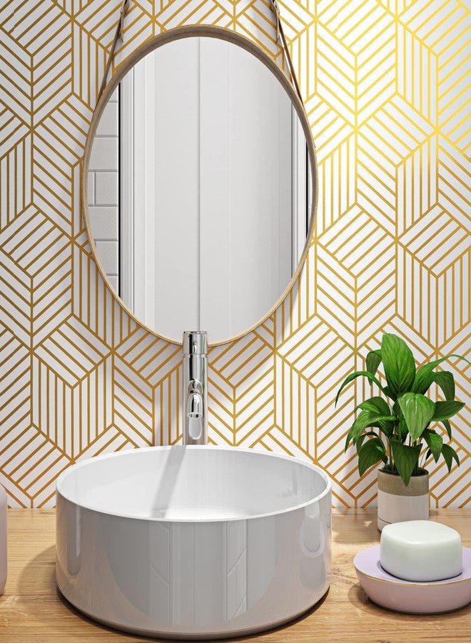 ReWallpaper 17.7X276" Abstract Gold Peel and Stick Wallpaper Removable Geometric White Gold Contact Paper Peel and Stick Wall Covering for Bathroom Basement Cabinet RV Renter Friendly Sticky Art Deco - Image 4