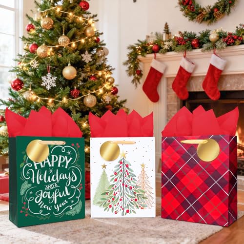 LaRibbons 13 Large Christmas Gift Bags with Red Tissue Paper and Tags 3 Pack Holiday Bags Red Plaid Tree Happy Holidays Design Perfect for Family Friends Teachers Coworkers - Image 3