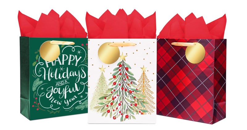 LaRibbons 13 Large Christmas Gift Bags with Red Tissue Paper and Tags 3 Pack Holiday Bags Red Plaid Tree Happy Holidays Design Perfect for Family Friends Teachers Coworkers - Image 2
