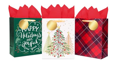 LaRibbons 13 Large Christmas Gift Bags with Red Tissue Paper and Tags 3 Pack Holiday Bags Red Plaid Tree Happy Holidays Design Perfect for Family Friends Teachers Coworkers - Image 1