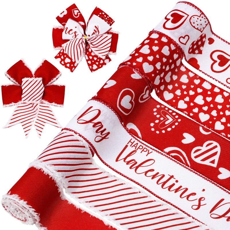 Whaline 36 Yard Happy Valentines Day Wired Edge Ribbon Red White Love Hearts Craft Ribbon with Burr Wedding Fabric Wrapping Ribbon for Anniversary Wreath Bow Making DIY Crafts Supplies 6 Roll