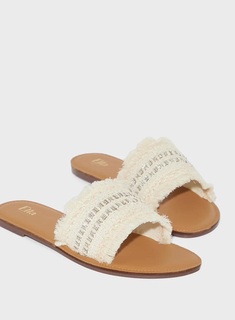ELLA Frayed Edge Diamante Raffia Flat Sandal