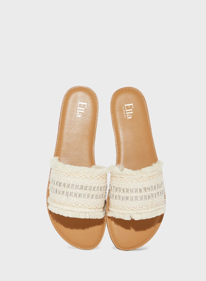 ELLA Frayed Edge Diamante Raffia Flat Sandal