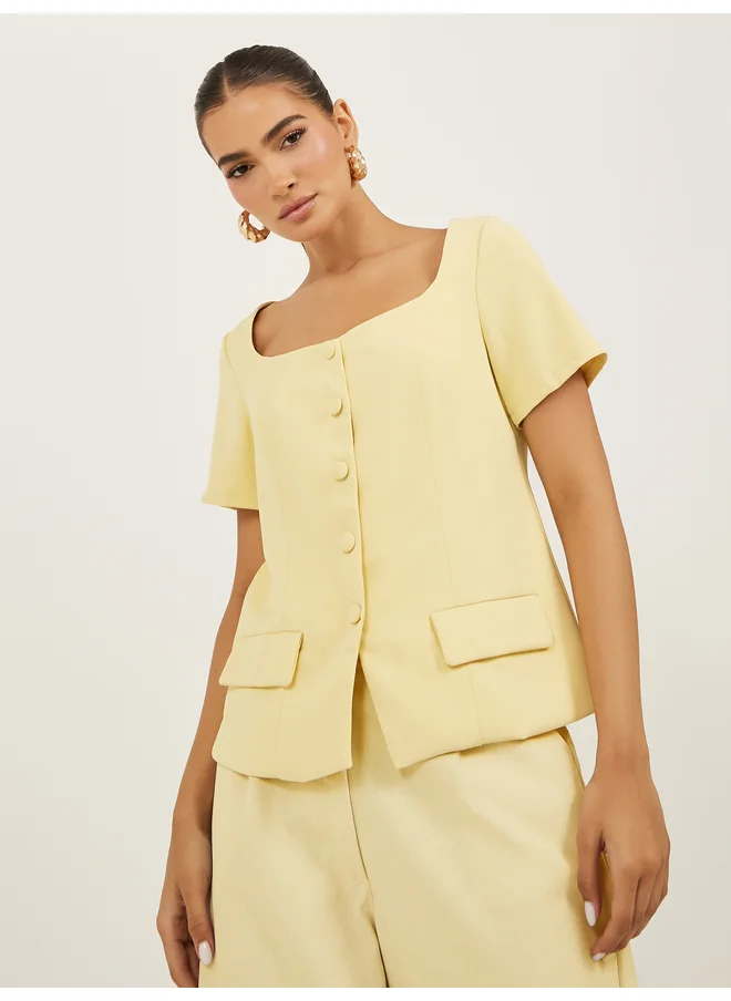 ستايلي Styli Solid Square Neck Tailored Top with Front Button