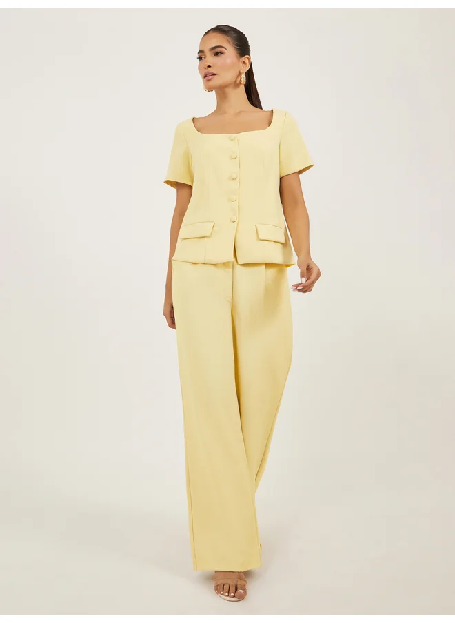ستايلي Styli Solid Square Neck Tailored Top with Front Button