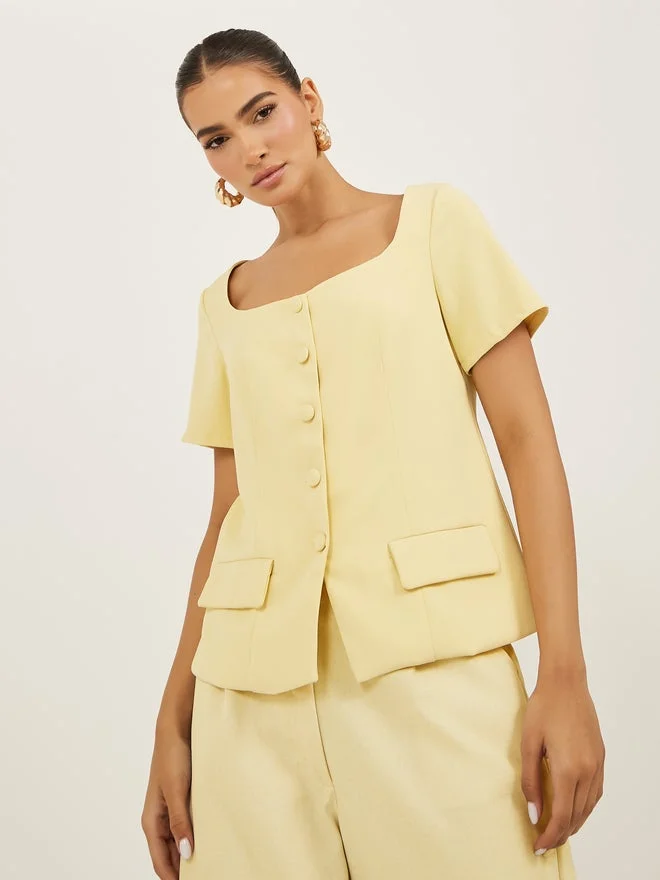 ستايلي بلوزة ستايلي مربعة بياقة مربعة وأزرار أمامية