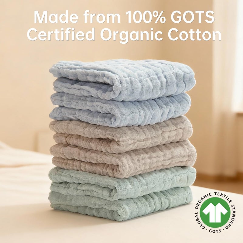 Bear Rocket Organic Muslin Baby Washcloths 6 Pack Baby Bath Face Towel 12x12 Inch Extra Absorbent and Soft Burp Cloth and Wash Cloths for Newborn-Infants On Sensitive Skin (Blue Green Brown) - Image 5