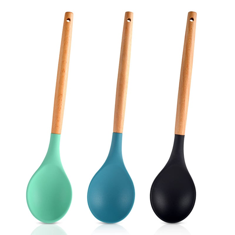 3 Pcs Large Silicone Spoon Wooden Handle Wood Handle Mixing Spoons Silicone Mixing Spoon for Cooking Baking Stirring Silicone Spoons Nonstick HeatResistant Kitchen Mixing Tools GreenBlue Black