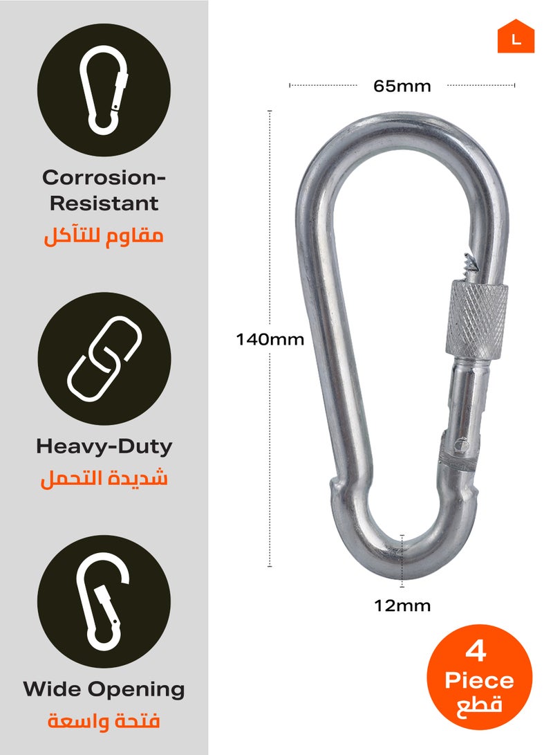 لوازم طقم خطاف تعليق بحلقة مكون من 4 قطع - 12 × 140 مم - مشبك متين مع قفل لولبي لتثبيت الحبال والمعدات - مناسب للاستخدام المنزلي والصناعي والتخييم وتنظيم الأدوات - Image 2