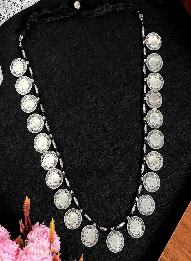 Siddhatva Traditional Antique Stylish Coins Oxidised German Silver Ethnic Long Style Necklace Set Jewelry Women Girls - Image 4
