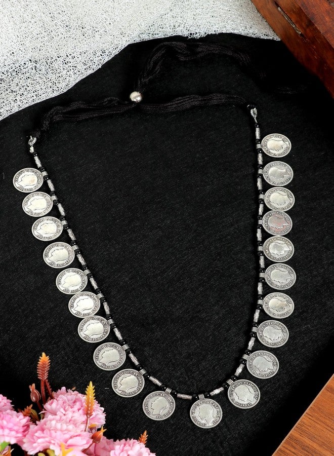 Siddhatva Traditional Antique Stylish Coins Oxidised German Silver Ethnic Long Style Necklace Set Jewelry Women Girls - Image 2