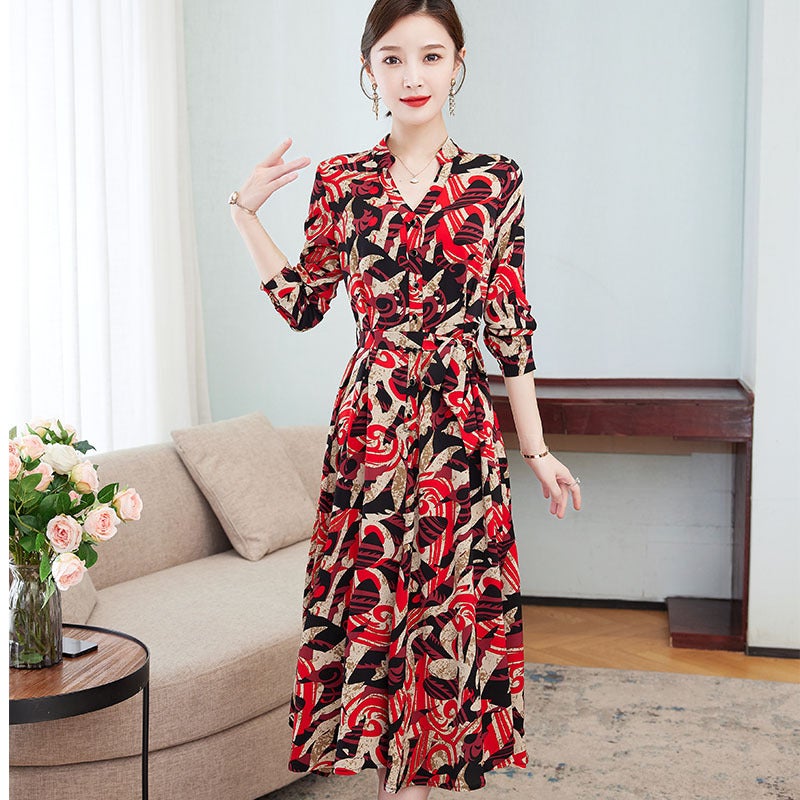 Long Sleeve Floral plus size Spring and Autumn new dress womens waist dress floral dress outer wear 5560 models - Image 3