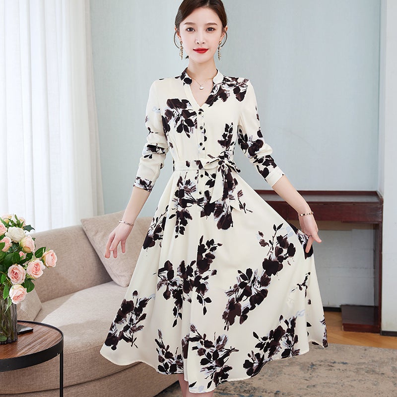 Long Sleeve Floral plus size Spring and Autumn new dress womens waist dress floral dress outer wear 5560 models - Image 5