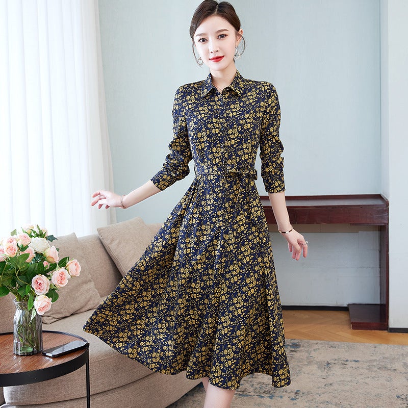 Long Sleeve Floral plus size Spring and Autumn new dress womens waist dress floral dress outer wear 5560 models - Image 1