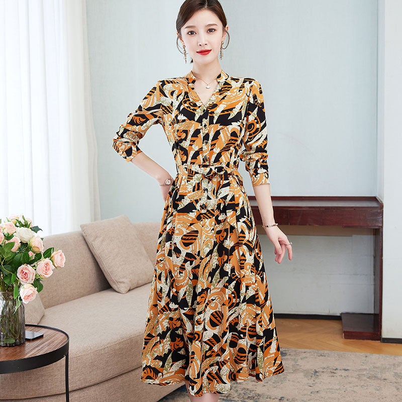 Long Sleeve Floral plus size Spring and Autumn new dress womens waist dress floral dress outer wear 5560 models - Image 4