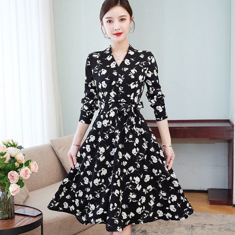 Long Sleeve Floral plus size Spring and Autumn new dress womens waist dress floral dress outer wear 5560 models - Image 2