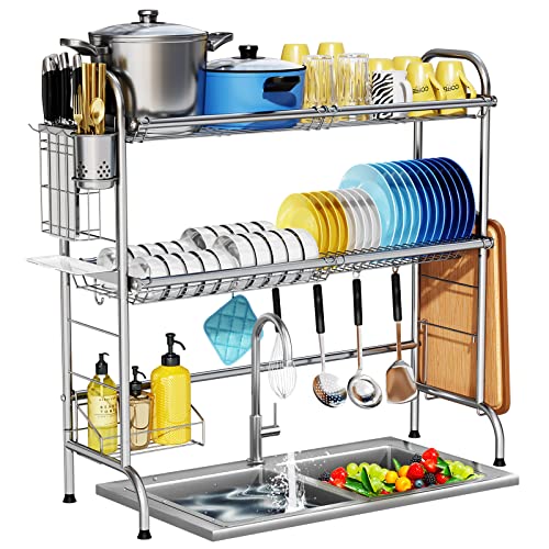 HOWDIA Stainless Steel 2-Tier Over The Sink Dish Drying Rack with Utensil Holder, Large, for Kitchen Counter - Image 1