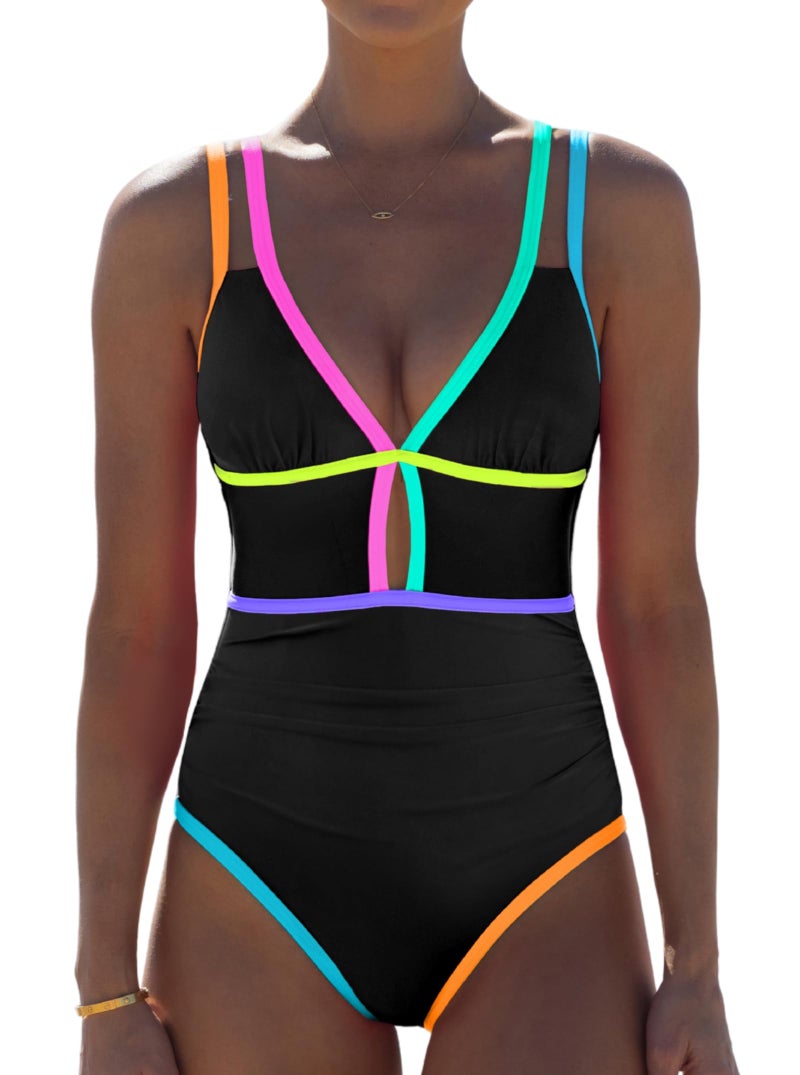 popvil Women One Piece Swimsuit 2026 Tummy Control Sexy Cutout Neon Color Block Bathing Suit Slimming Adjustable Swimwear, Black2, Large - Image 1