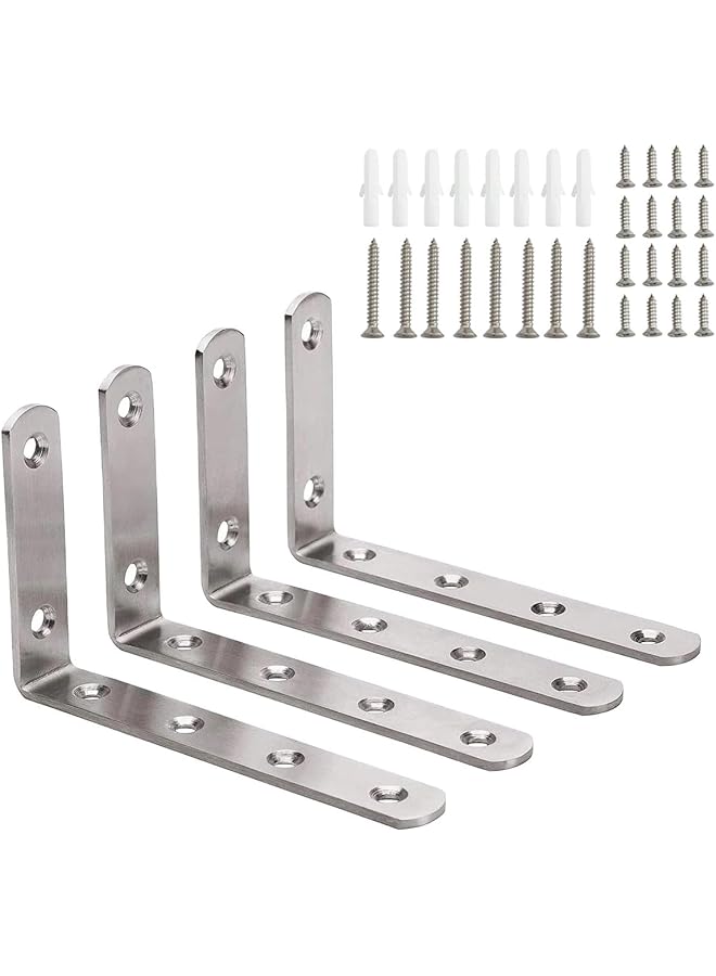 PROMASS L Bracket with Screws, 4 PCS Heavy Duty Angle Bracket,Max Load: 20KG,90 Degree Stainless Steel Right Angle Bracket with Screws, Easy to Install Shelf Brackets, Suitable for Acrylic Wood Board Support  - Image 1