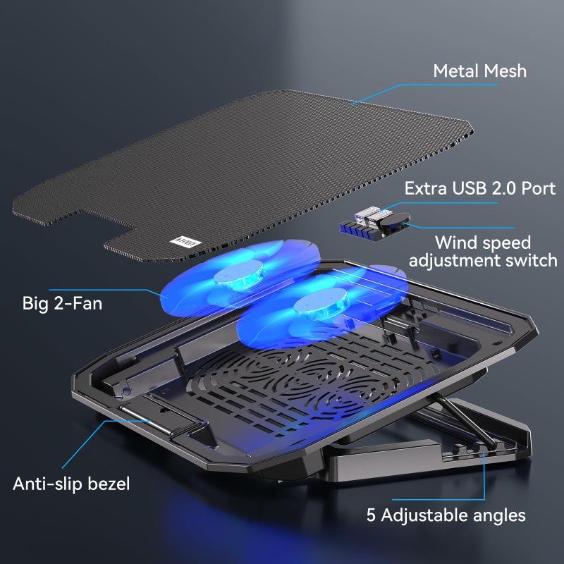 KYOLLY Ultra Slim Laptop Cooling Pad with 2 Quiet Big Fans, 5 Height Adjustable Ergonomic Stand, Portable Cooler for 10-15.6 Inch Laptops, Speed Control and 2 USB Ports - Image 2