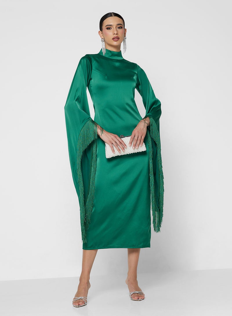 FYOR Timeless Green Long-Sleeve Robe Dress with High Neckline - Image 1