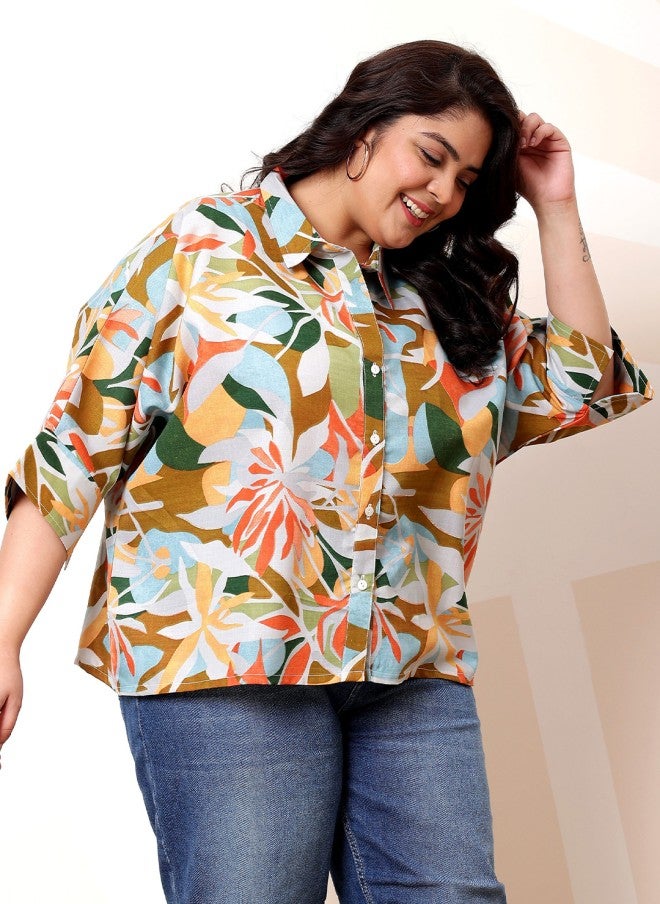 Athena قميص لينين بأكمام كيمونو مزخرف بالأزهار للنساء - Image 3