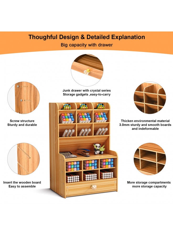 Marbrasse Wooden Desk Stationary Organizer, Multi-Functional Pen Holder, Storage Rack for School Home Office Art Supplie (B16-Cherry Color) - Image 3