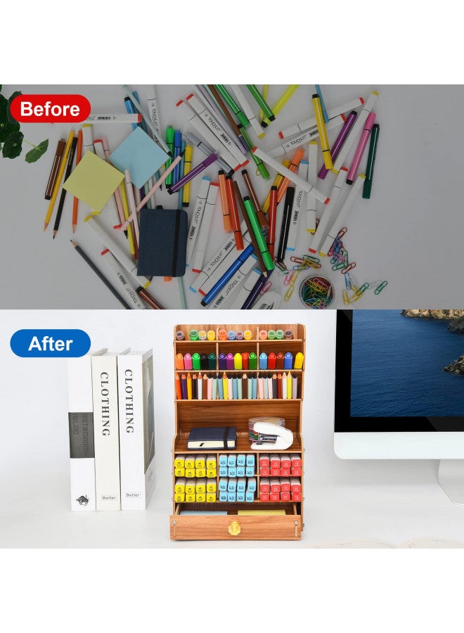 Marbrasse Wooden Desk Stationary Organizer, Multi-Functional Pen Holder, Storage Rack for School Home Office Art Supplie (B16-Cherry Color) - Image 4