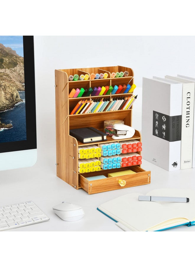 Marbrasse Wooden Desk Stationary Organizer, Multi-Functional Pen Holder, Storage Rack for School Home Office Art Supplie (B16-Cherry Color) - Image 1