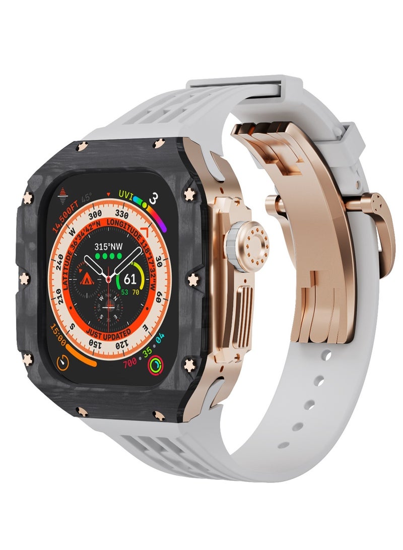 AROAQ Carbon Fiber Case For Apple Watch, 49mm Fluororubber Band Metal Bazel For Iwatch, Ultra Titanium Alloy Integrated Protective Case, (Carbon shell-rose titanium frame-white tape)  - Image 1