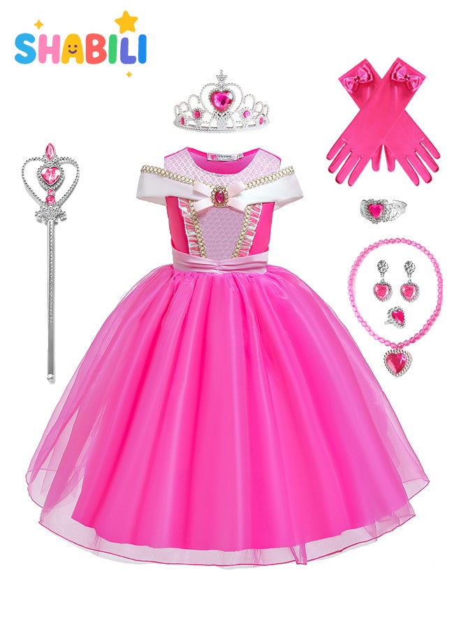 SHABILI Princess Costume Dress for Kids Girls – 8-Piece Pink Outfit Set with Crown Wand Jewelry – Sizes 110/120/130cm – Ideal Gift for Birthday & Role Play - Image 1