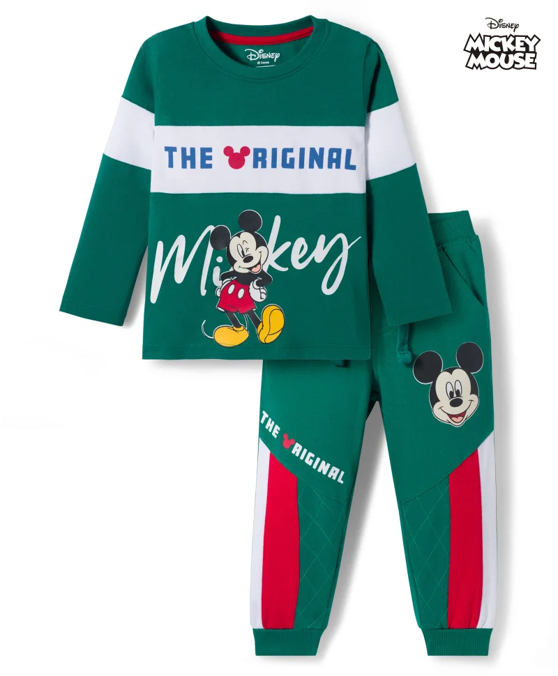 Babyhug Disney Babyhug Disney Single Jersey Knit Full Sleeves Top & Lounge Pant Set with Mickey Mouse Graphic - Green