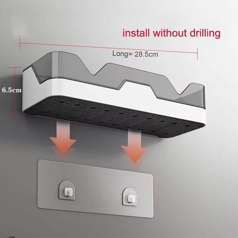 Self-Adhesive Bathroom Shelf Organiser, Wall Mounted Storage Rack with Hooks, No Drilling Required, Pack of 2, White and Grey  - Image 4