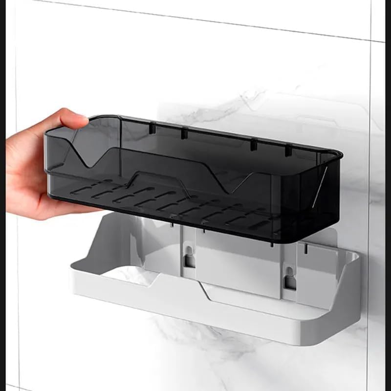 Self-Adhesive Bathroom Shelf Organiser, Wall Mounted Storage Rack with Hooks, No Drilling Required, Pack of 2, White and Grey  - Image 3