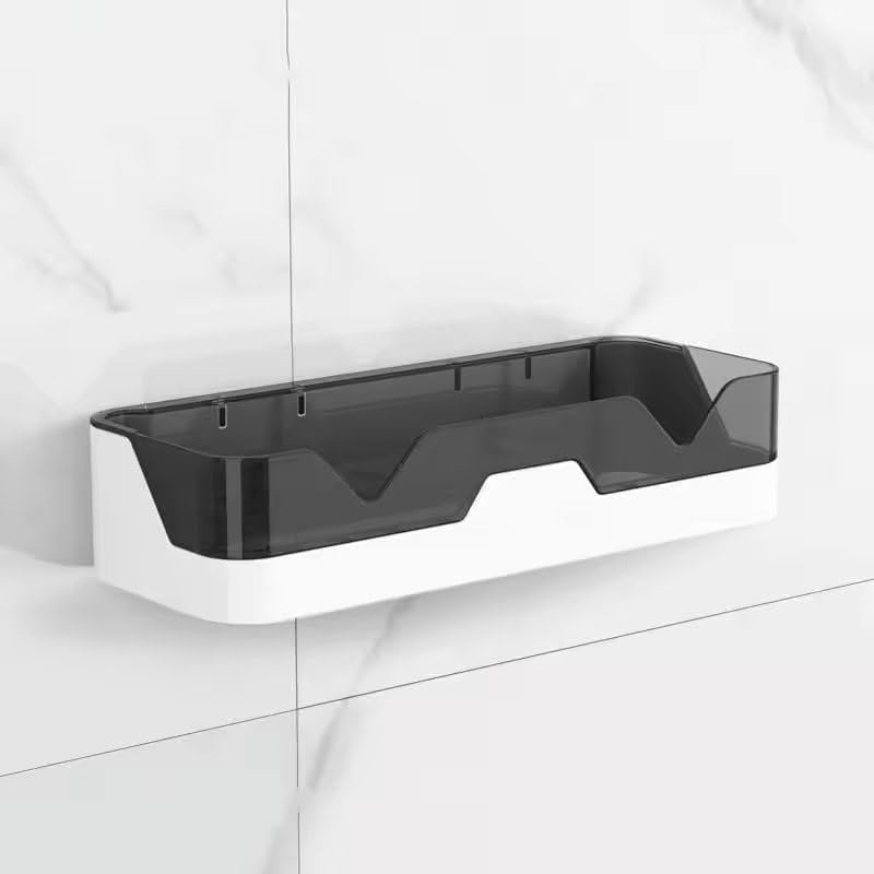 Self-Adhesive Bathroom Shelf Organiser, Wall Mounted Storage Rack with Hooks, No Drilling Required, Pack of 2, White and Grey  - Image 2