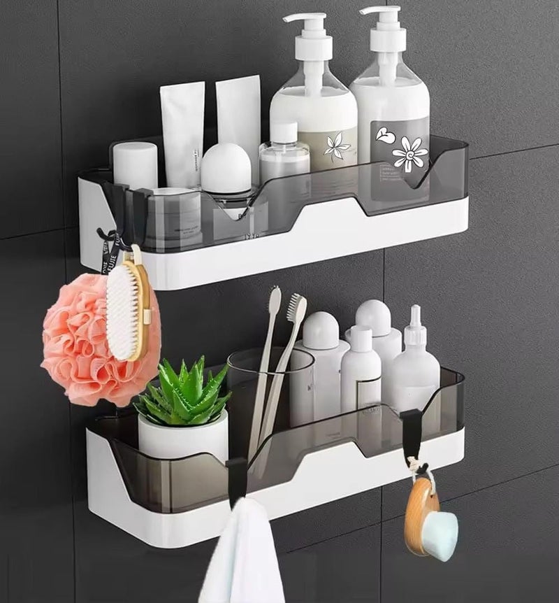 Self-Adhesive Bathroom Shelf Organiser, Wall Mounted Storage Rack with Hooks, No Drilling Required, Pack of 2, White and Grey  - Image 1