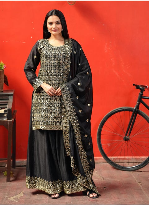 New Designer Embroidered Chinnon Black Sharara Suit with Sequence Embroidered Work