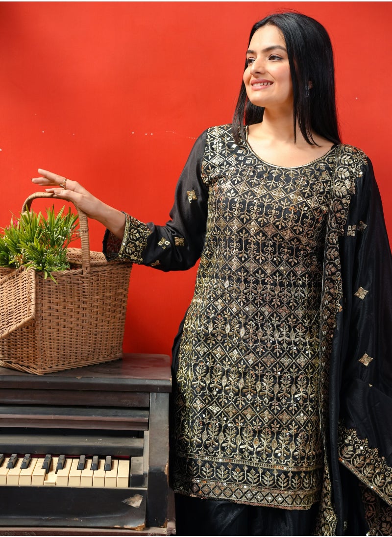 Super Asian New Designer Embroidered Chinnon Black Sharara Suit with Sequence Embroidered Work  - Image 5