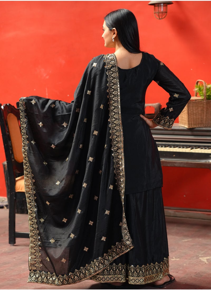 Super Asian - New Designer Embroidered Chinnon Black Sharara Suit with Sequence Embroidered Work - Image 1