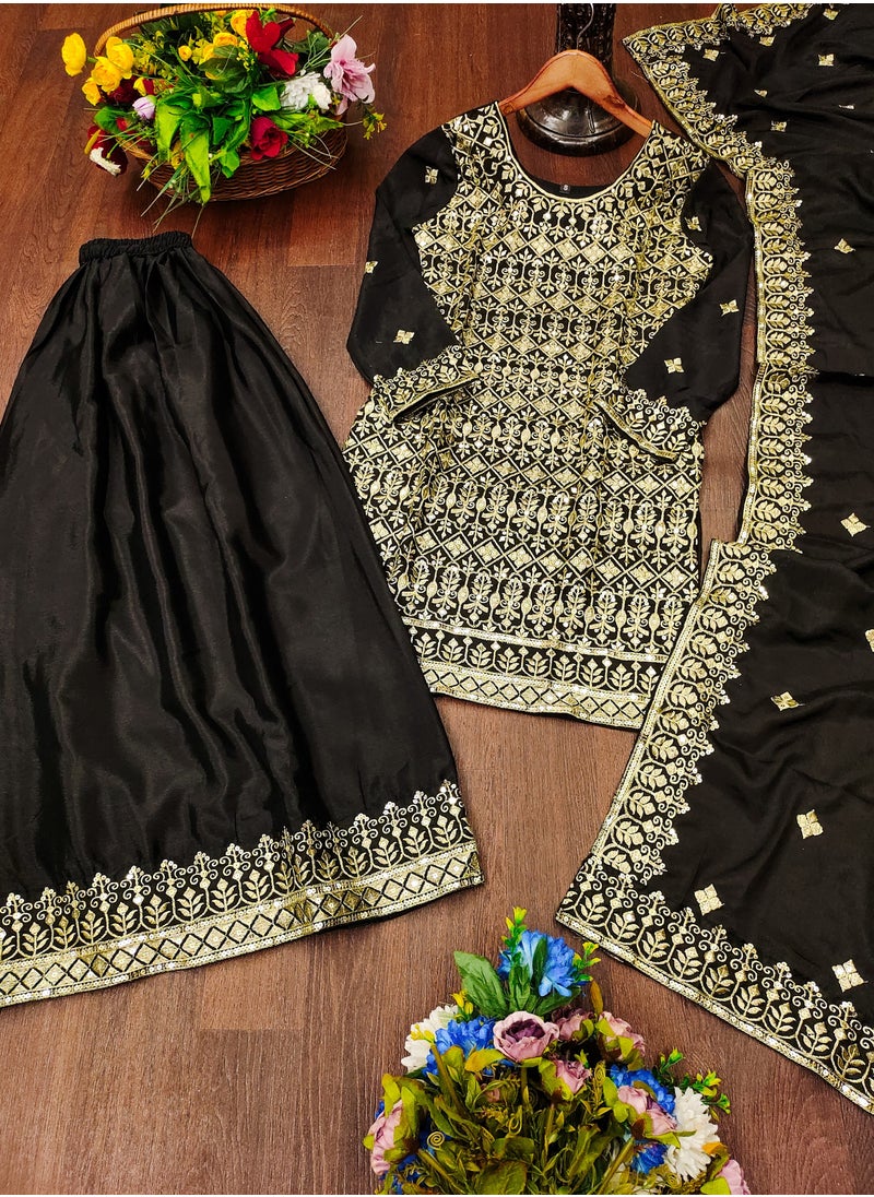 Super Asian - New Designer Embroidered Chinnon Black Sharara Suit with Sequence Embroidered Work - Image 1