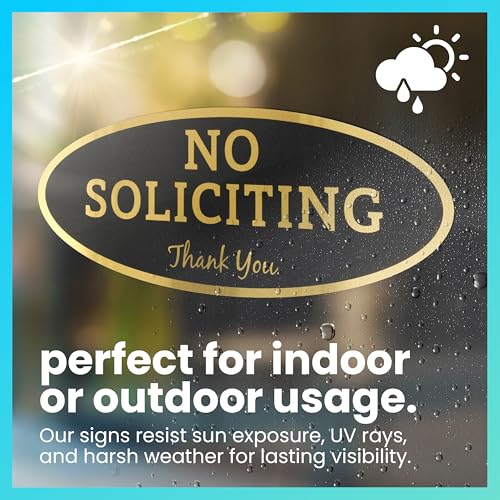ExcelMark No Soliciting Sign for House or Business – Durable Indoor/Outdoor Sign – Easily Attach to Front Door - UV and Weather Resistant (Small - 2"x 5", Black with Gold Letters) - Image 3