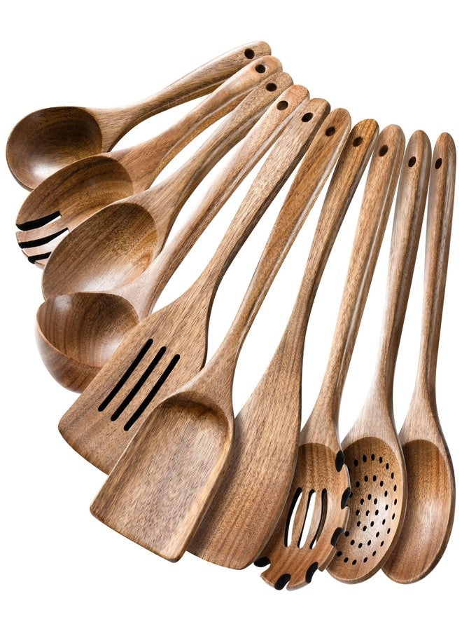 HSM Wooden Spoons for Cooking – 10-Piece Wooden Utensil Set, Non-Stick Safe, Easy-to-Clean Natural Acacia Wood Kitchen Utensils, Ideal for Cooking, Stirring, and Serving at Home - Image 1
