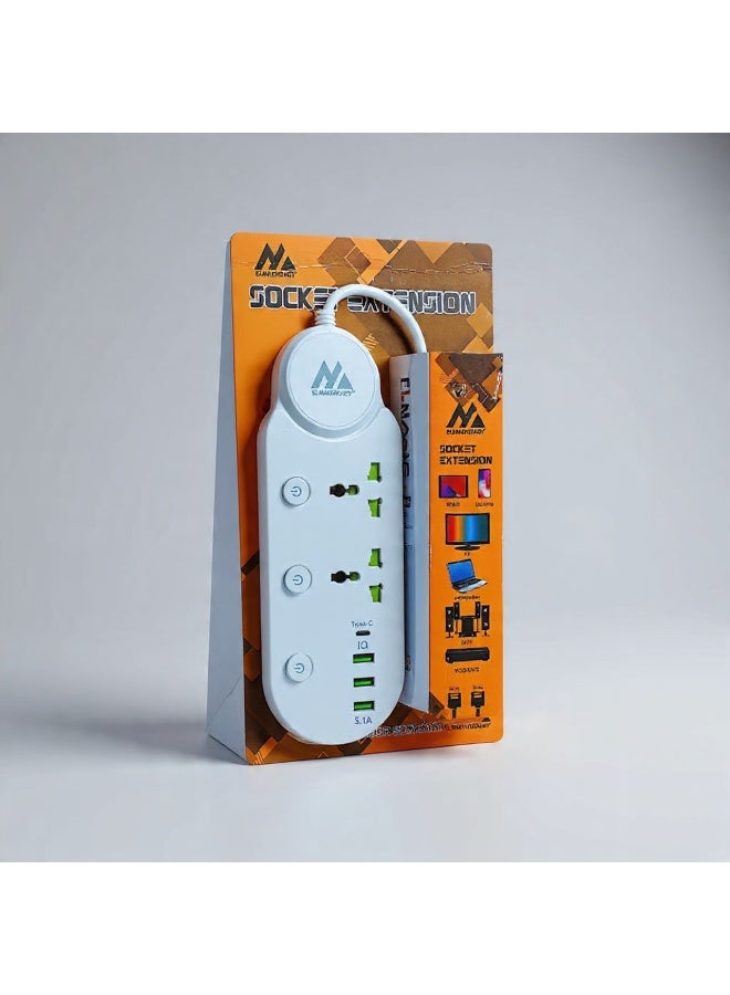 مشترك كهرباء 2 عين مع 3 مخارج USB وType-C – زر مستقل لكل عين + فيوز حماية – لون أبيض – تصميم عملي وعالي الأمان