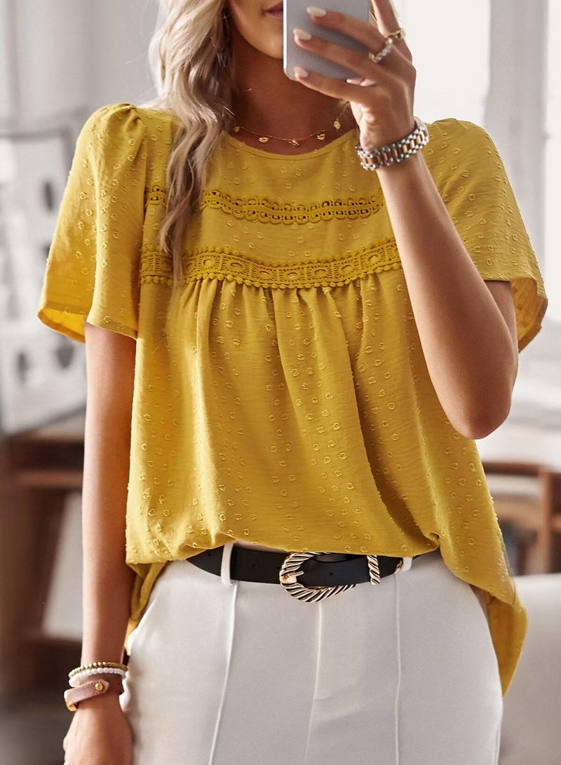 Falechay Summer Tops for Women 2026 Darker Yellow Fashion Womens Plus Size Blouses Bohemian Hide Belly Fat Lace Crochet Cute Shirts Dot Chiffon Dressy Casual XXL - Image 4