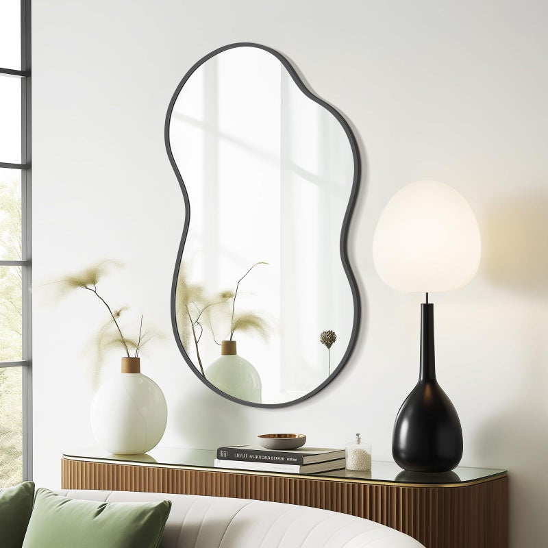 WallBeyond Irregular Wall Mirror â€“ Asymmetrical Mirror with Aluminum Alloy Frame, Decorative Wall Mirror for Living Room, Bedroom, Bathroom, and Entryway 36" H x 20" W (Black) - Image 1