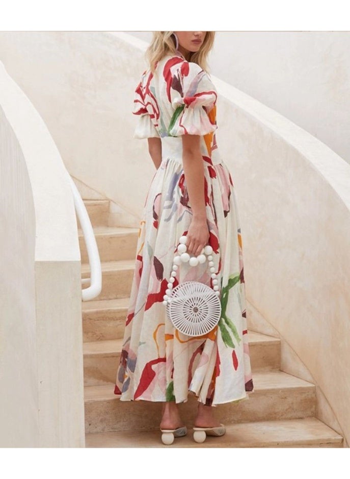 NIBEMINENT Women's Beach Dress Slim-fitting Large-swing Printed Long Dress - Image 1