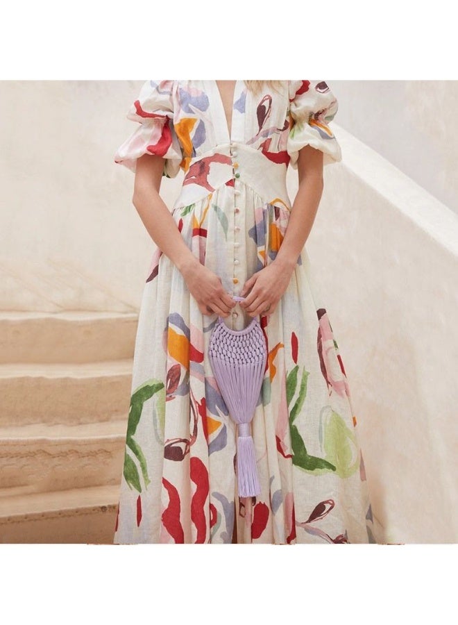 NIBEMINENT Women's Beach Dress Slim-fitting Large-swing Printed Long Dress - Image 2