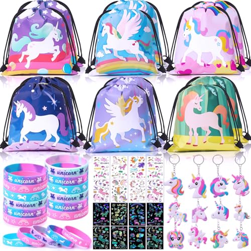Winrayk 12 Sets Unicorn Party Favors Birthday Supplies for Girls Drawstring Bag Glow Tattoo Sticker Silicone Bracelet Keychain Goodie Bag Stuffer Filler Kids Rainbow Unicorn Party Supplies Decor - Image 1